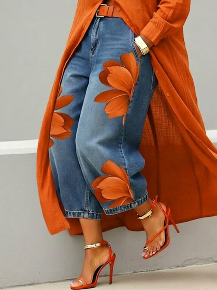 💝💝Women's Vintage Wash Red Floral Embroidered Denim Pants