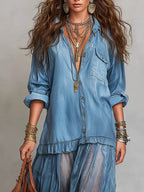 📦📦LAST DAY SAVE 49% ⏰Women's Retro Lapel Denim Organza Patchwork Art Casual Maxi Dress