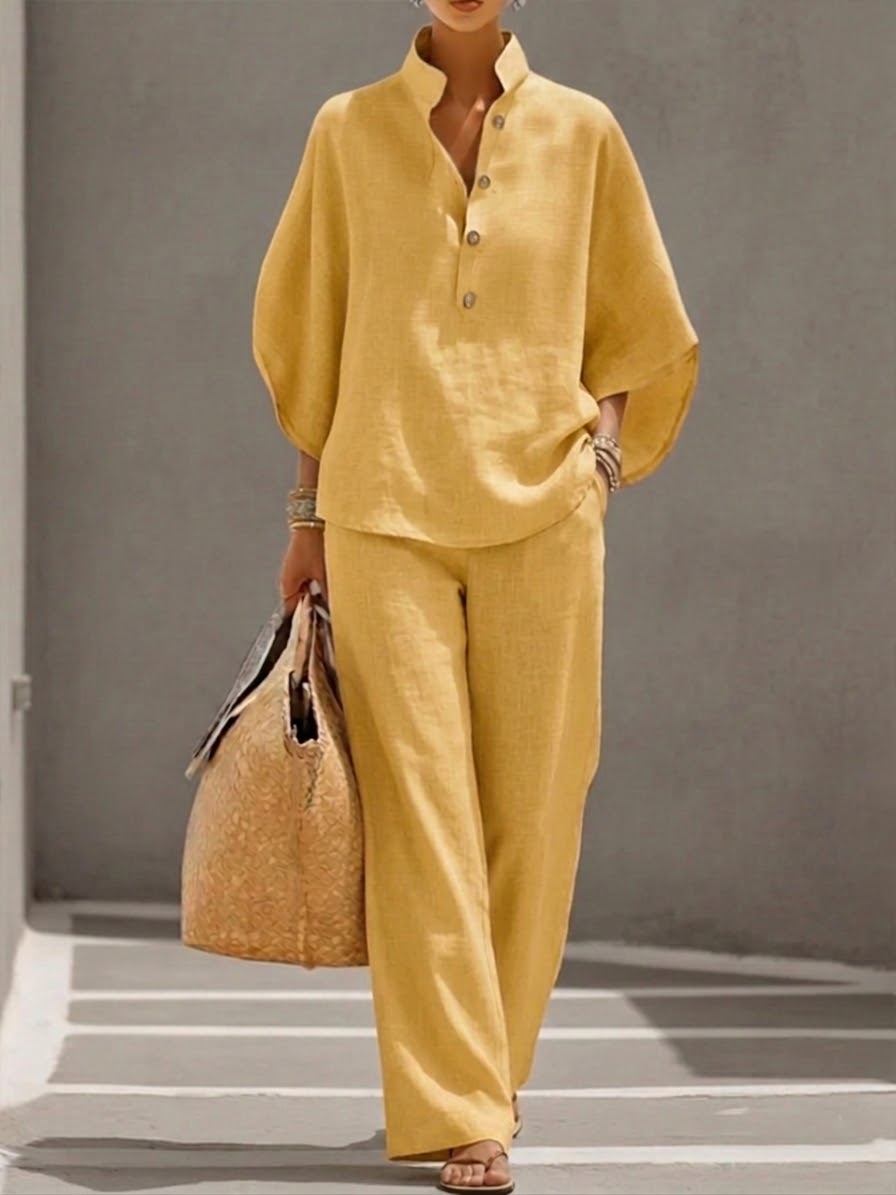 📦📦LAST DAY SAVE 49% ⏰Casual Batwing Sleeve Linen And Cotton Shirt And Trousers Two-piece Set