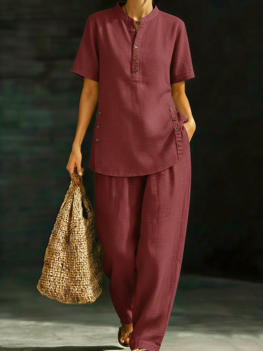 📦📦LAST DAY SAVE 49% ⏰Cozy Casual Button Shirt And Wide-leg Pants Linen Two-piece Set