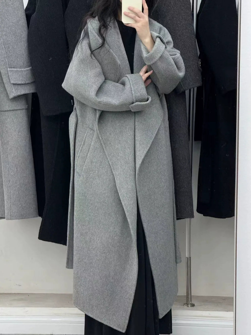 Aurora Kiss] Fall/Winter New Arrival - Longer Korean-Style Loose Fit Double-Breasted Wool Coat with Wide Collar and Waist-Defining Silhouette