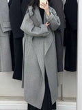 Aurora Kiss] Fall/Winter New Arrival - Longer Korean-Style Loose Fit Double-Breasted Wool Coat with Wide Collar and Waist-Defining Silhouette