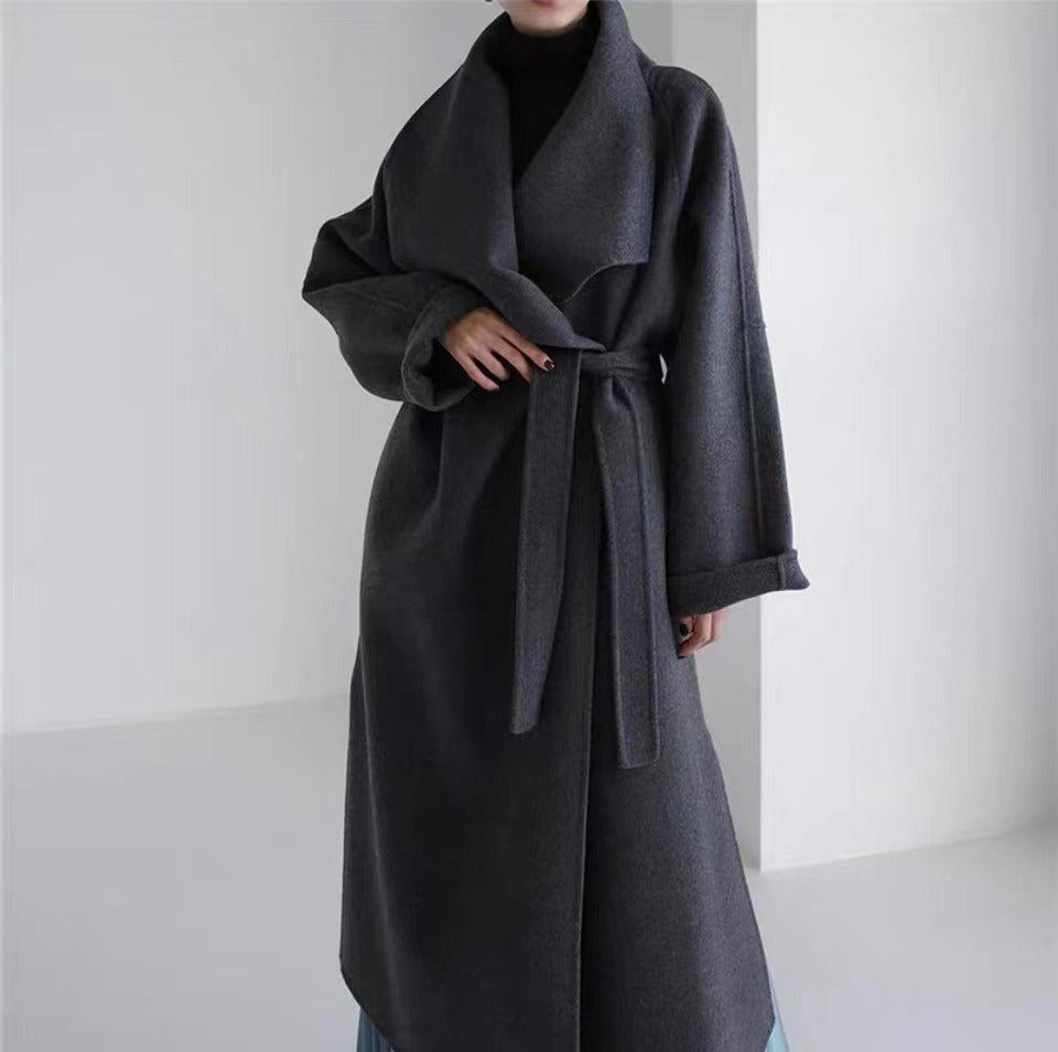 Aurora Kiss] Fall/Winter New Arrival - Longer Korean-Style Loose Fit Double-Breasted Wool Coat with Wide Collar and Waist-Defining Silhouette