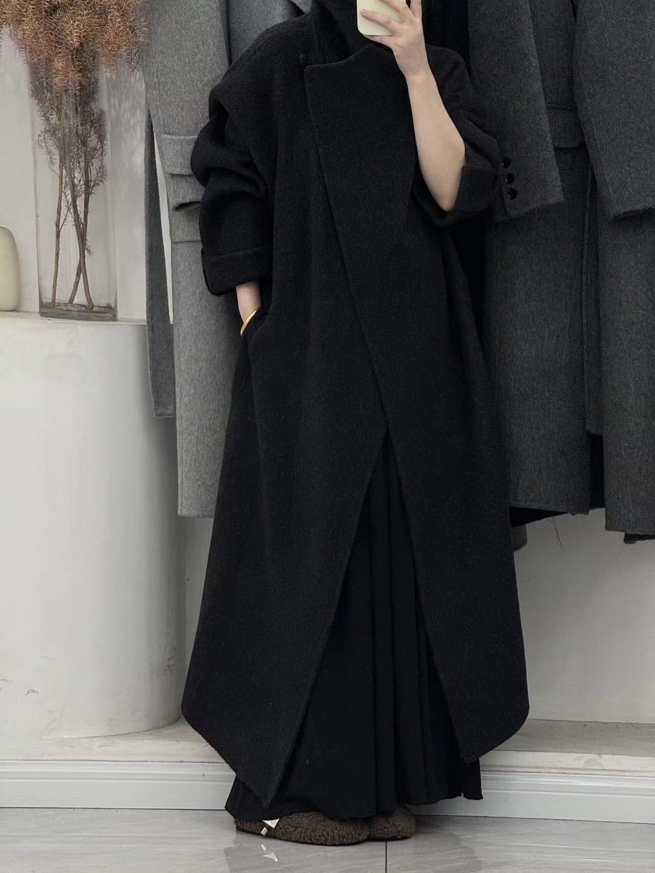 Aurora Kiss] Fall/Winter New Arrival - Longer Korean-Style Loose Fit Double-Breasted Wool Coat with Wide Collar and Waist-Defining Silhouette