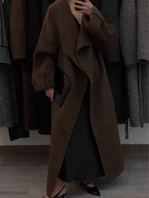 Aurora Kiss] Fall/Winter New Arrival - Longer Korean-Style Loose Fit Double-Breasted Wool Coat with Wide Collar and Waist-Defining Silhouette