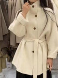 New Hepburn-Style Double-Faced Wool Coat for Women Korean-Style Academic Look Flattering Fit for Petite Frames Stand Collar Wool Blend Jacket