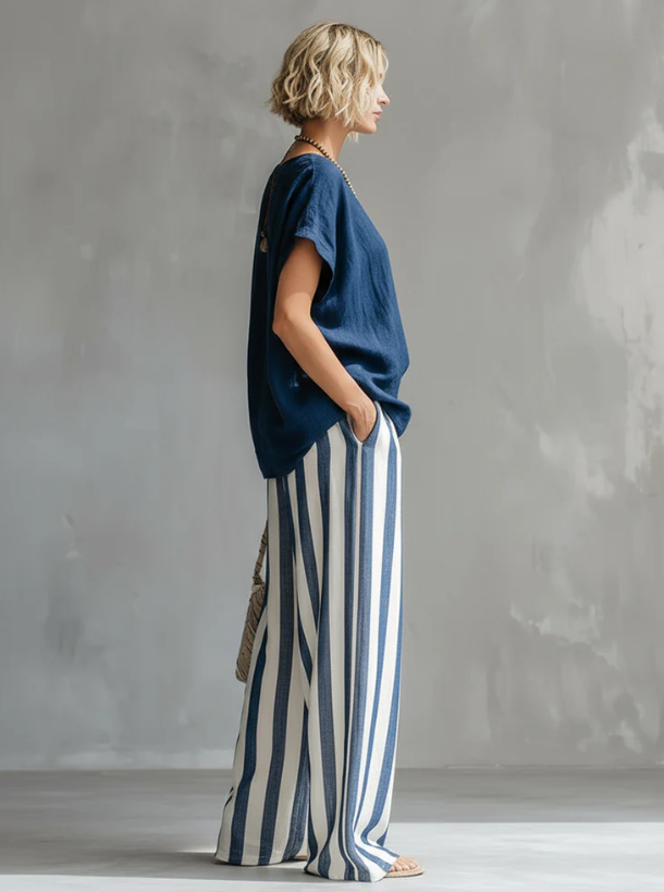 📦📦LAST DAY SAVE 49% ⏰Cozy Loose-fit Striped Cotton-linen Two-piece Set