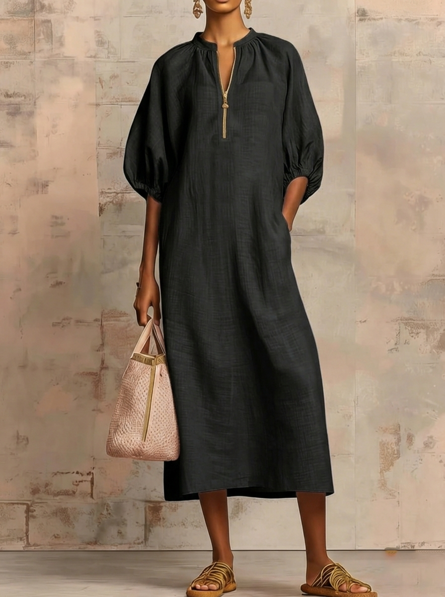 📦📦LAST DAY SAVE 49% ⏰Stylish Zippered Loose Linen-cotton Midi Dress