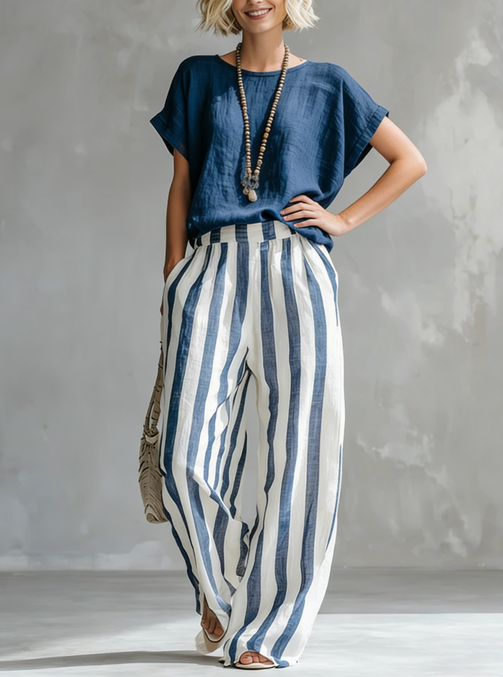 📦📦LAST DAY SAVE 49% ⏰Cozy Loose-fit Striped Cotton-linen Two-piece Set