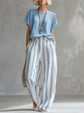 📦📦LAST DAY SAVE 49% ⏰Cozy Loose-fit Striped Cotton-linen Two-piece Set