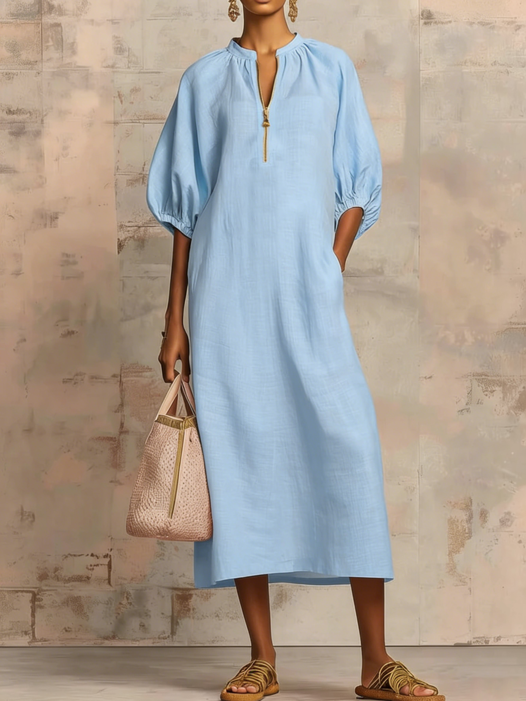 📦📦LAST DAY SAVE 49% ⏰Stylish Zippered Loose Linen-cotton Midi Dress