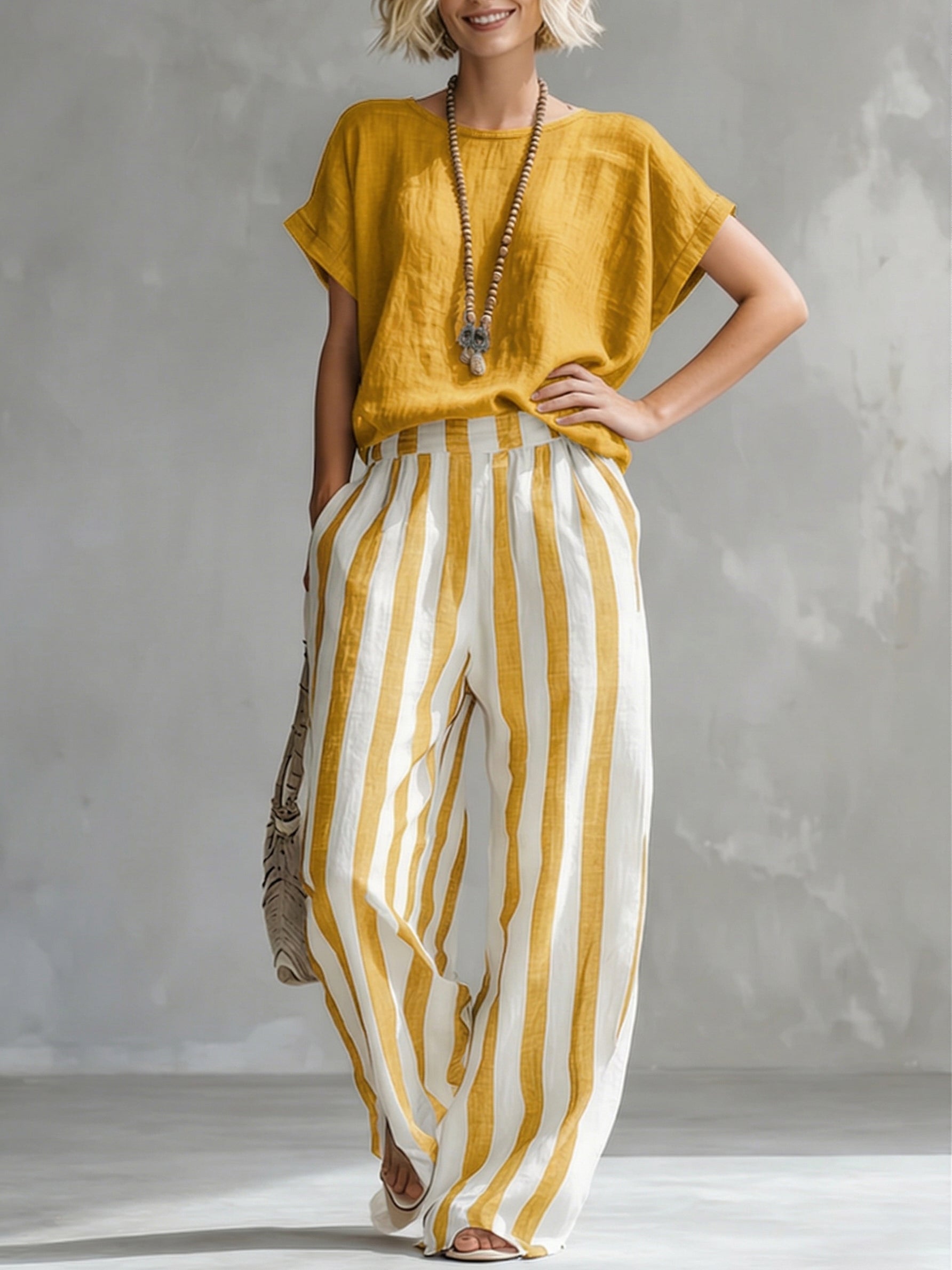 📦📦LAST DAY SAVE 49% ⏰Cozy Loose-fit Striped Cotton-linen Two-piece Set