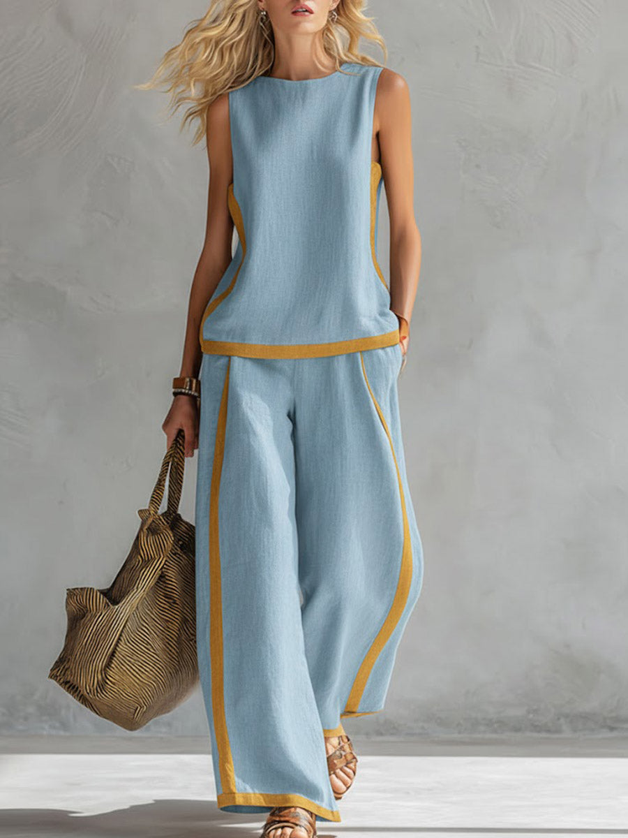 📦📦LAST DAY SAVE 49% ⏰Women's Round Neck Sleeveless Casual Loose Top And High-waisted Loose Wide-leg Pants Cotton And Linen Set