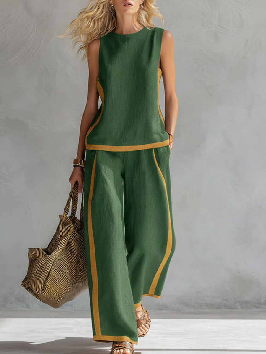 ✨✨Buy 2 Pcs Free Shipping - Women's Round Neck Sleeveless Casual Loose Top And High-waisted Loose Wide-leg Pants Cotton And Linen Set.