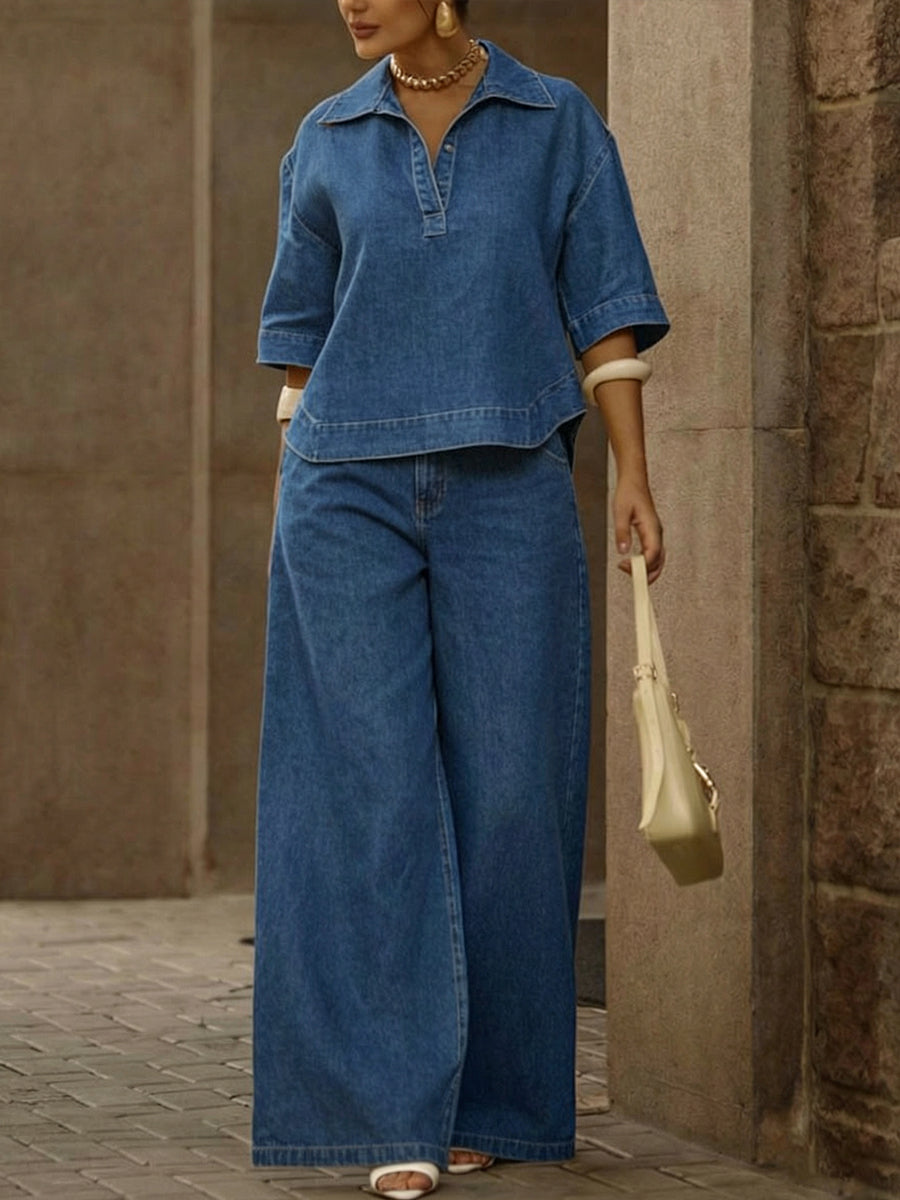 ✨✨Buy 2 Pcs Free Shipping - Women's Casual 100% Cotton Denim Top And Wide-leg Pants Two-piece Set