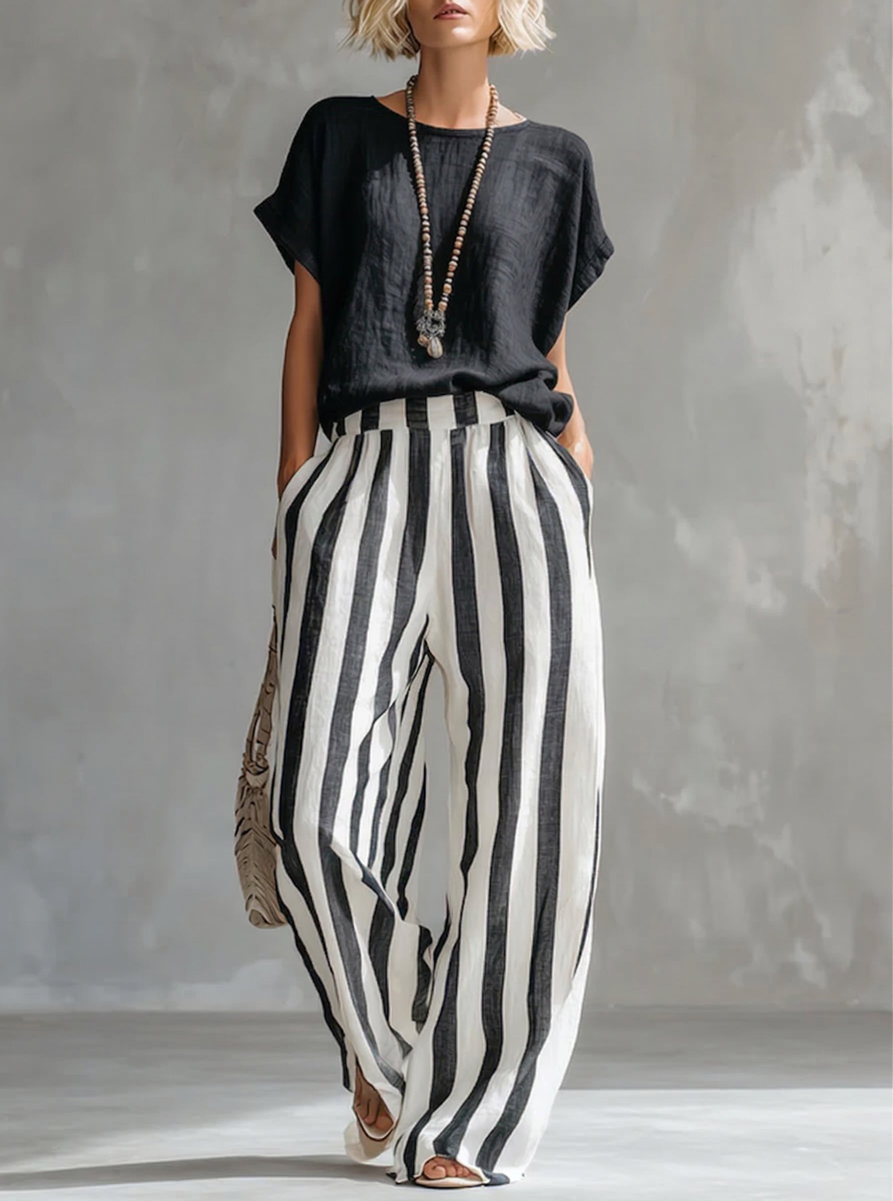 📦📦LAST DAY SAVE 49% ⏰Cozy Loose-fit Striped Cotton-linen Two-piece Set