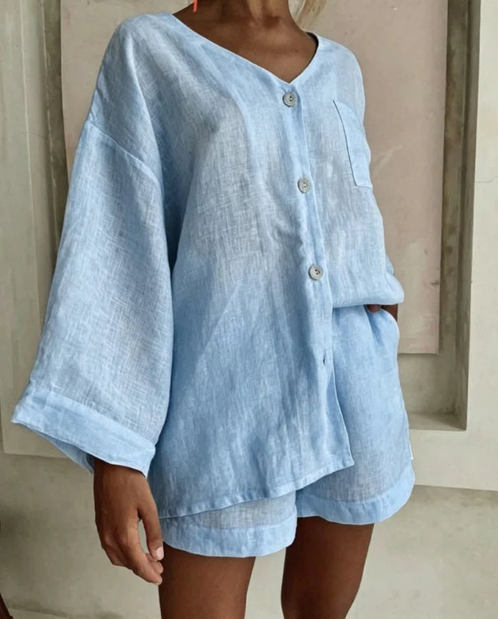 Women's Comfortable Simple V-neck Cotton And Linen Shorts Set