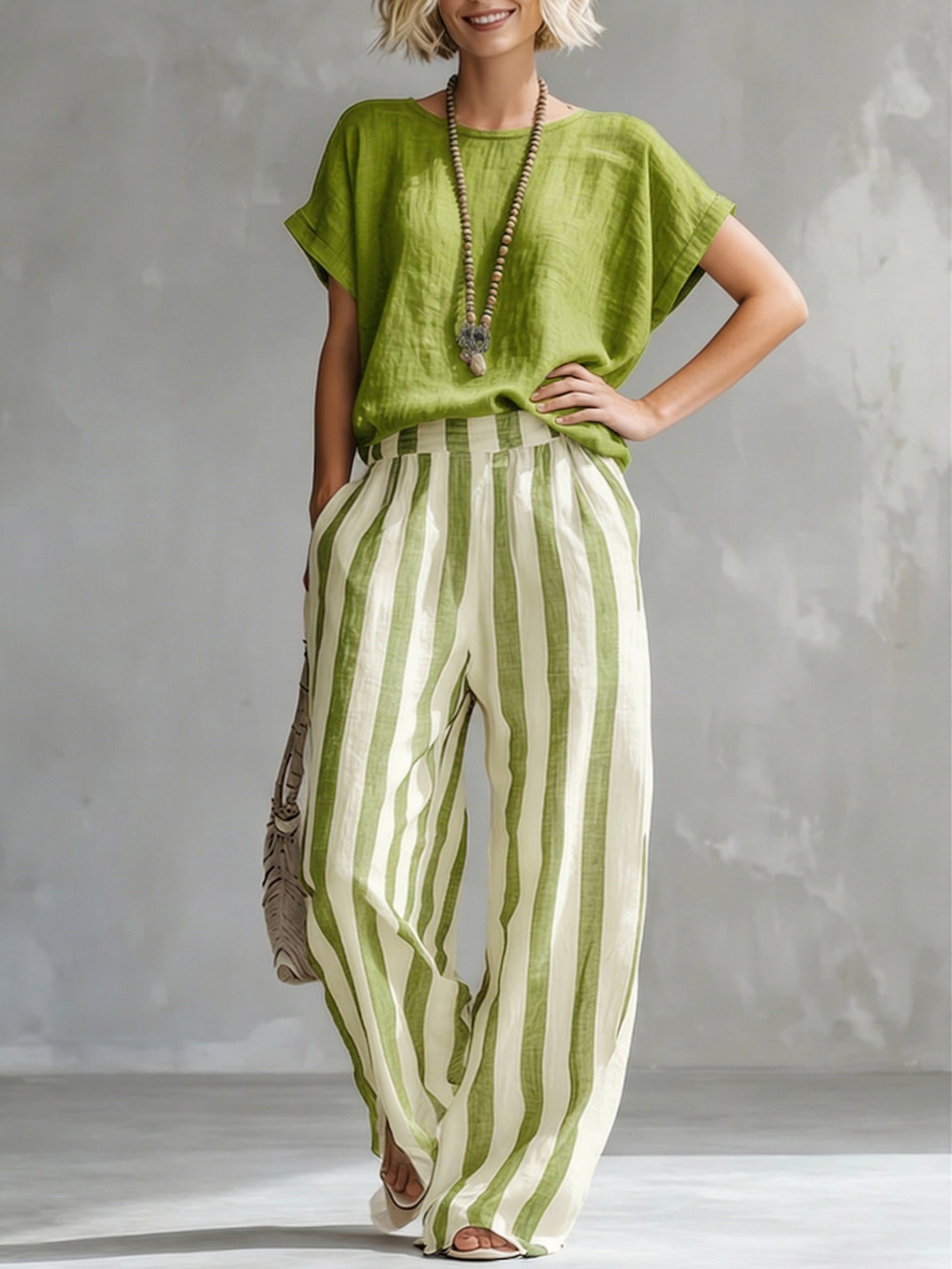 📦📦LAST DAY SAVE 49% ⏰Cozy Loose-fit Striped Cotton-linen Two-piece Set