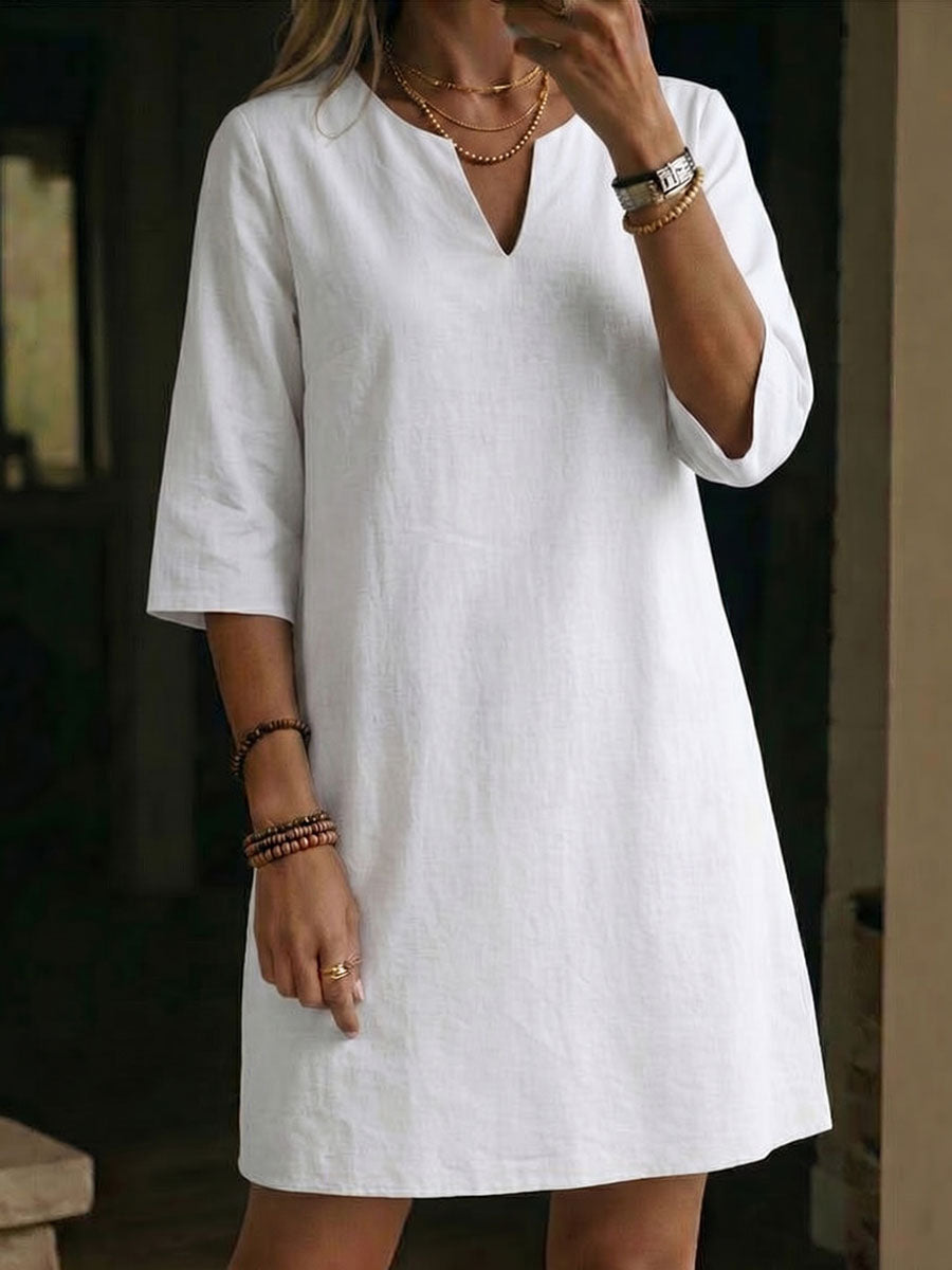 Women's V-neck 3/4-sleeve Cotton-linen Dress