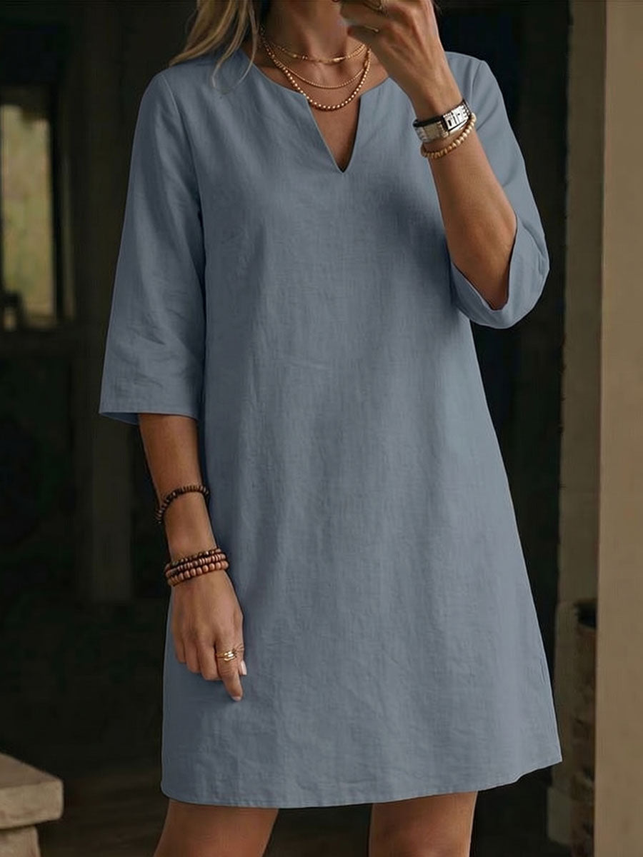 Women's V-neck 3/4-sleeve Cotton-linen Dress