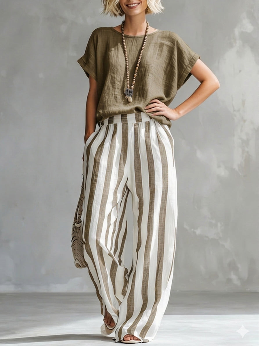 📦📦LAST DAY SAVE 49% ⏰Cozy Loose-fit Striped Cotton-linen Two-piece Set