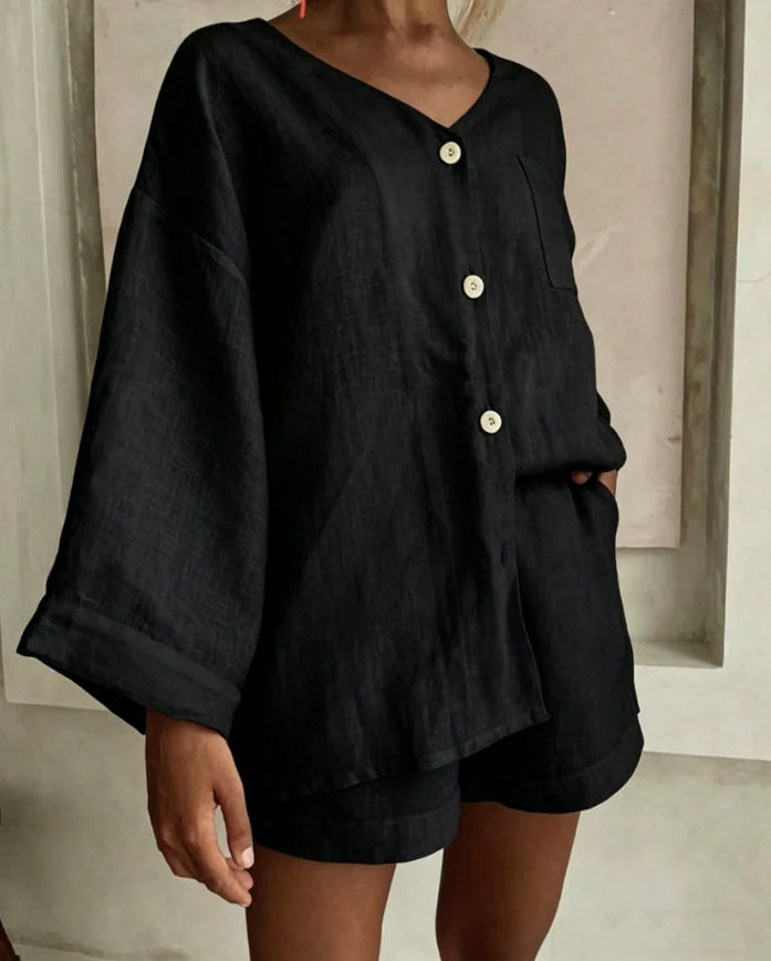 Women's Comfortable Simple V-neck Cotton And Linen Shorts Set
