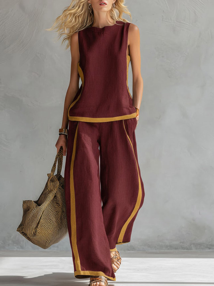 ✨✨Buy 2 Pcs Free Shipping - Women's Round Neck Sleeveless Casual Loose Top And High-waisted Loose Wide-leg Pants Cotton And Linen Set.
