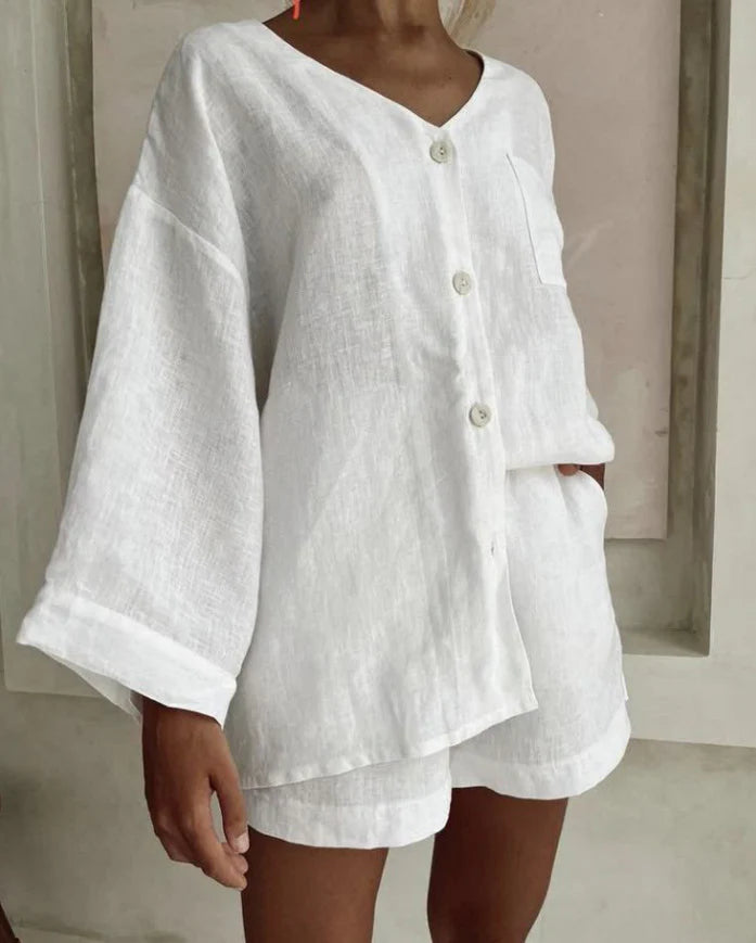 Women's Comfortable Simple V-neck Cotton And Linen Shorts Set
