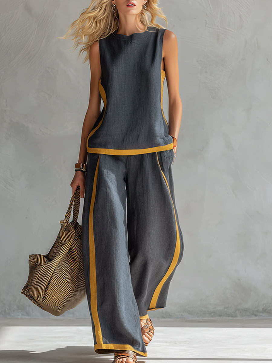 📦📦LAST DAY SAVE 49% ⏰Women's Round Neck Sleeveless Casual Loose Top And High-waisted Loose Wide-leg Pants Cotton And Linen Set