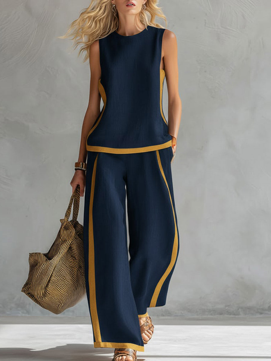 ✨✨Buy 2 Pcs Free Shipping - Women's Round Neck Sleeveless Casual Loose Top And High-waisted Loose Wide-leg Pants Cotton And Linen Set.