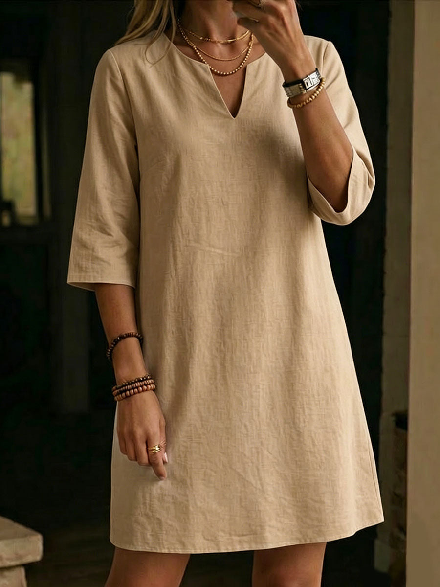 Women's V-neck 3/4-sleeve Cotton-linen Dress