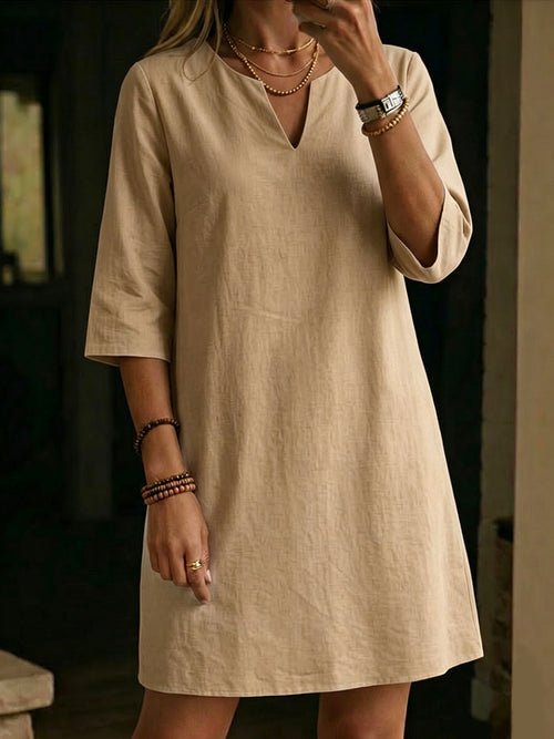 Women's V-neck 3/4-sleeve Cotton-linen Dress