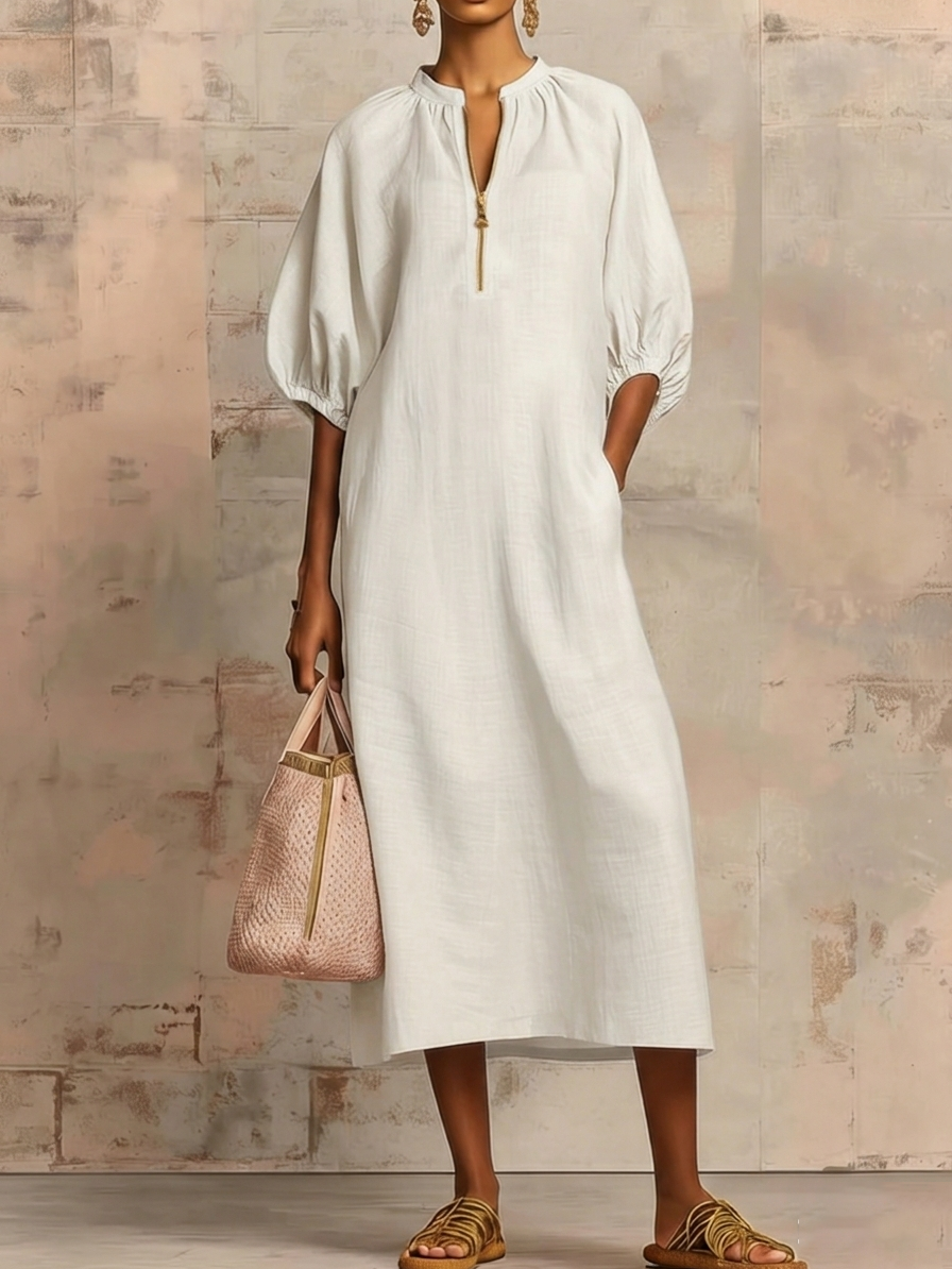 📦📦LAST DAY SAVE 49% ⏰Stylish Zippered Loose Linen-cotton Midi Dress