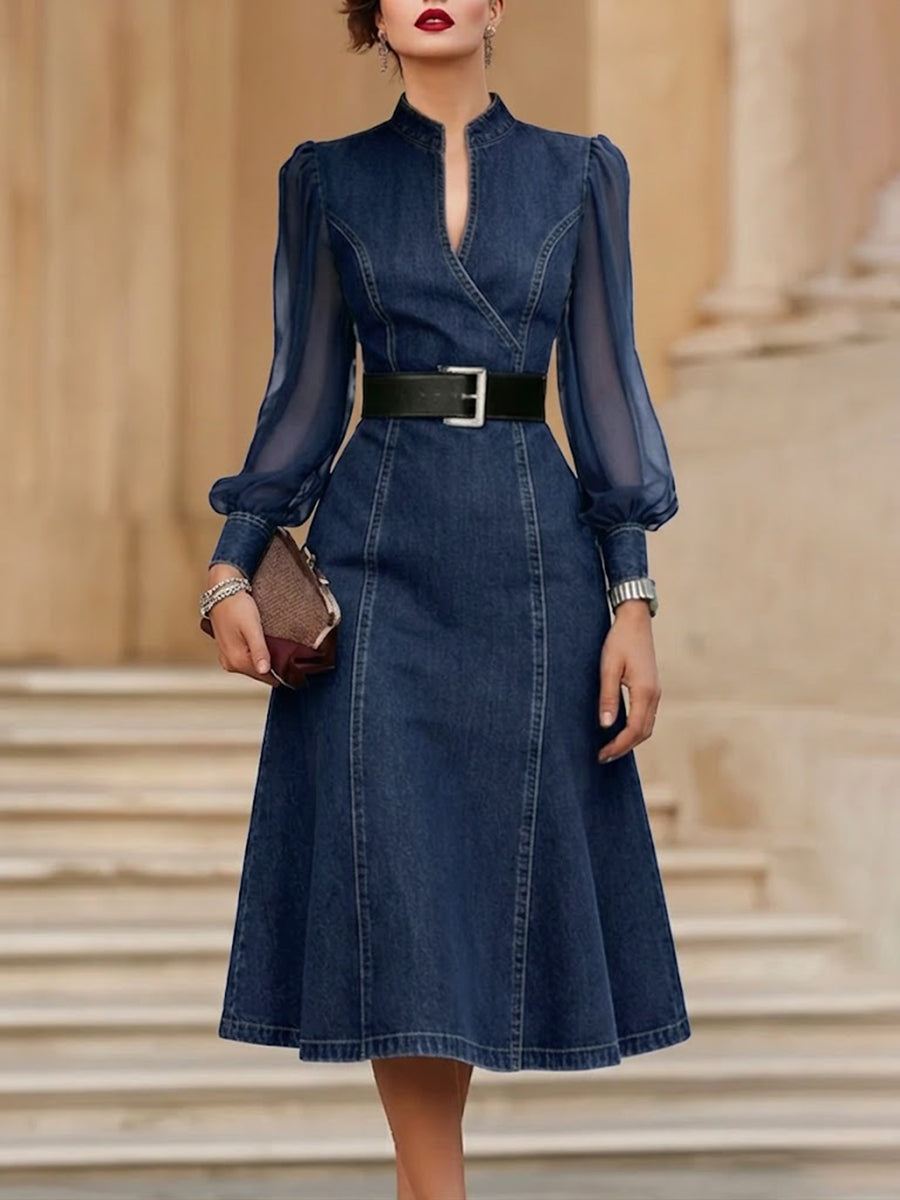 📦📦LAST DAY SAVE 49% ⏰Draped-neck Sleeveless Cotton DressStylish Denim Dress With Organza Sleeve Panels.