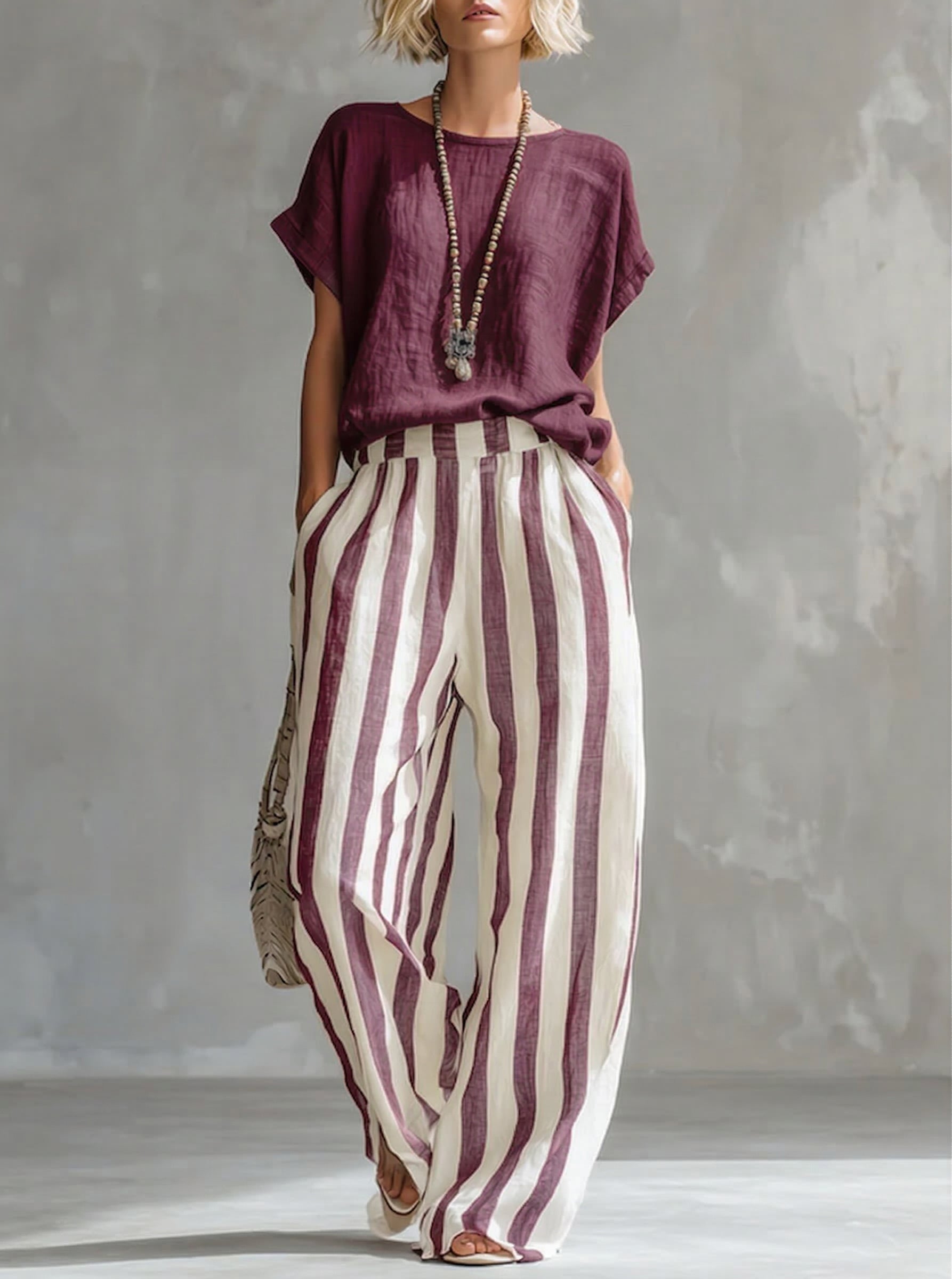 📦📦LAST DAY SAVE 49% ⏰Cozy Loose-fit Striped Cotton-linen Two-piece Set
