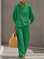 💝💝Casual Batwing Sleeve Linen And Cotton Shirt And Trousers Two-piece Set