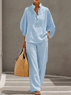 💝💝Casual Batwing Sleeve Linen And Cotton Shirt And Trousers Two-piece Set