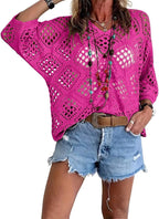 🌷🌷Limited time sale🔥Womens Bohemian-Inspired Beige Crochet Top with V-Neck